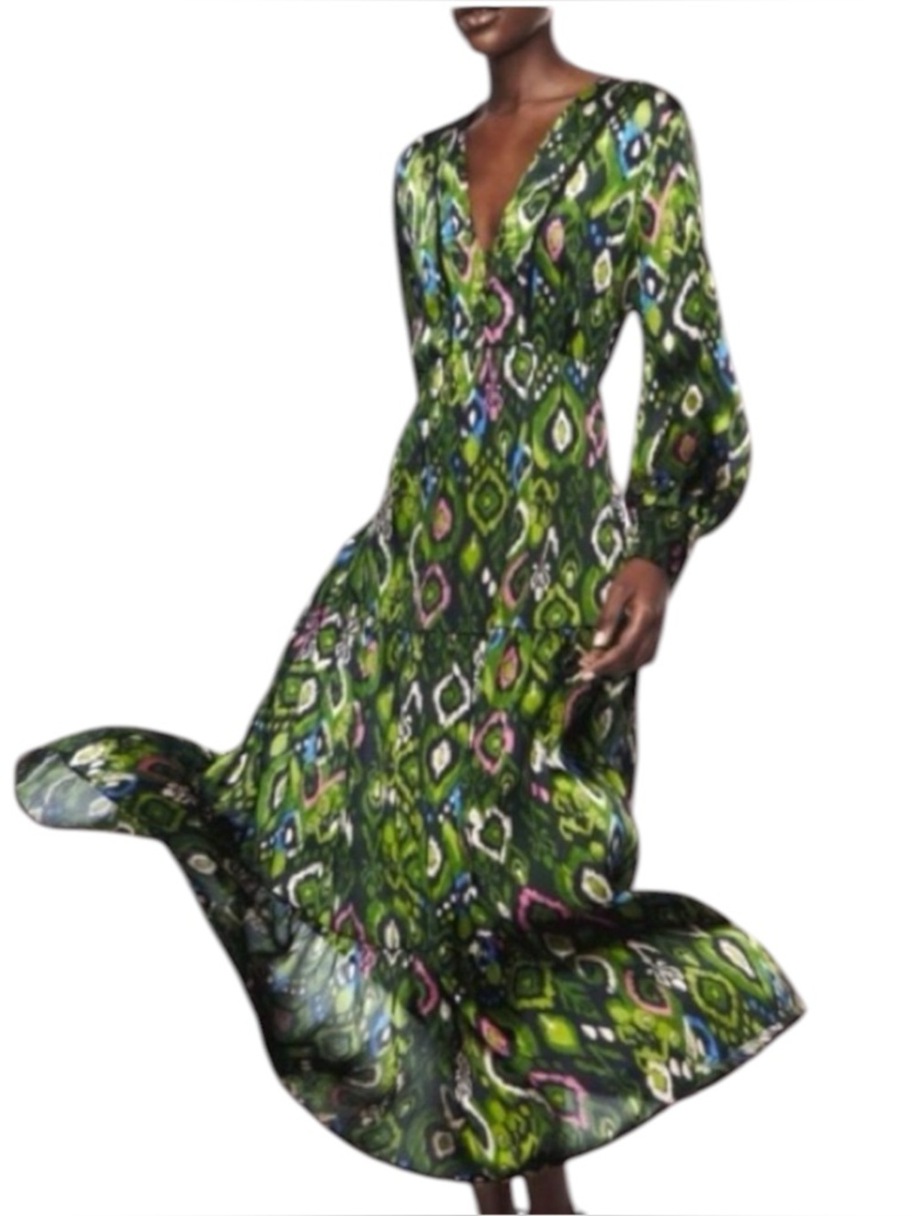 Zara Green Satin Ikat Print Tiered Dress Size M